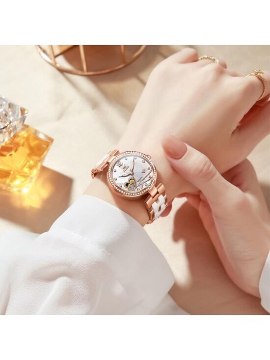 Women\'s Rose Gold Silver Automatic Luxury Ceramic Strap Self Winding Wristwatch